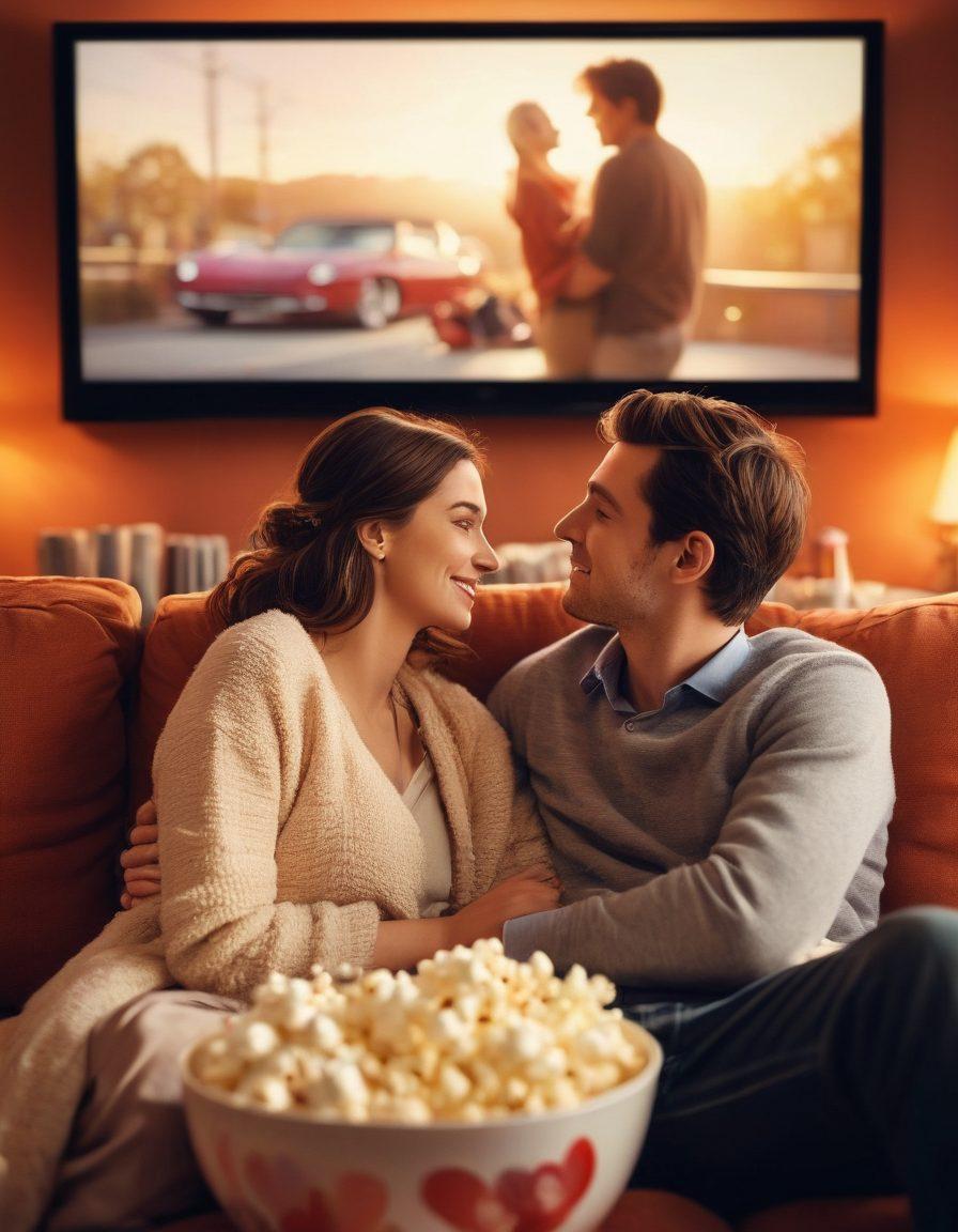 A cozy living room setting with a couple enjoying a romantic movie night, surrounded by popcorn, soft cushions, and dim ambient lighting. A large screen displays a romantic film, with visual elements like hearts and movie reels subtly integrated into the background. The couple shares a playful glance, invoking warmth and connection. The atmosphere is inviting and intimate, emphasizing the joy of shared experiences. super-realistic. warm colors. soft focus.