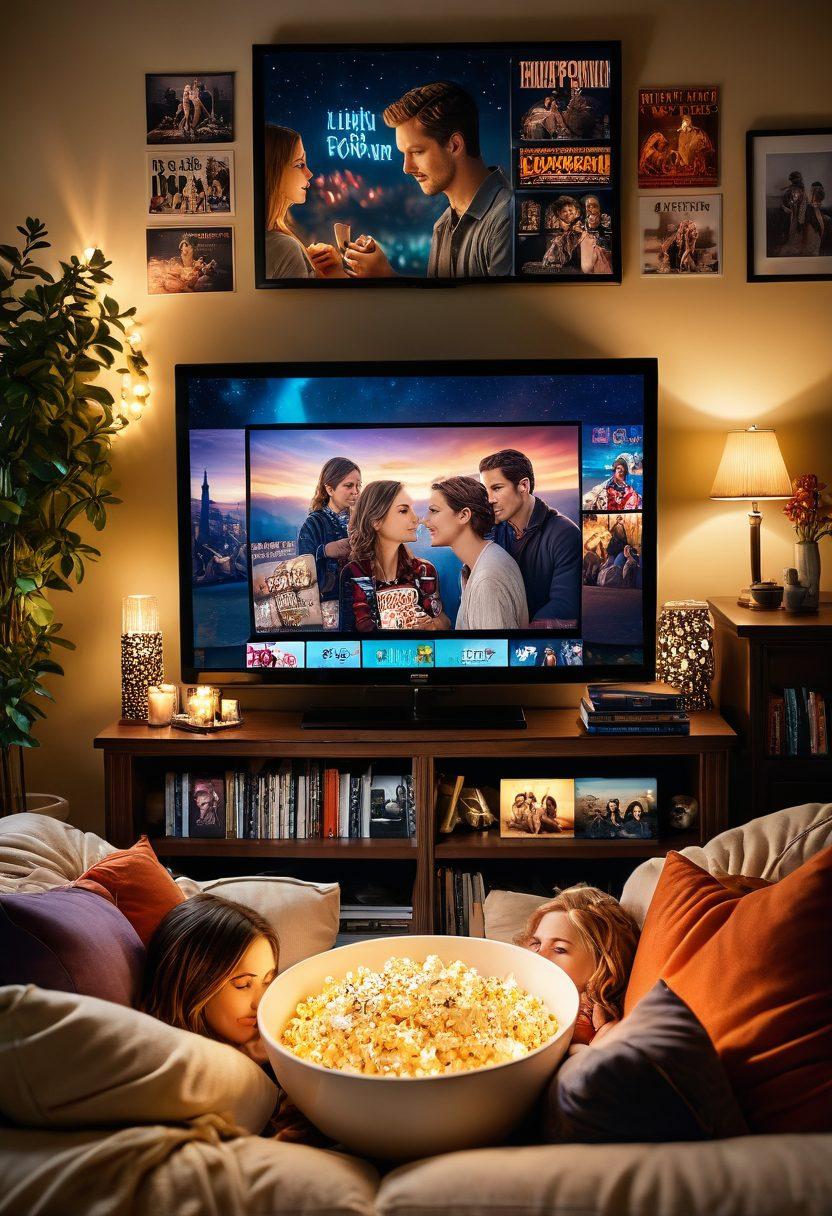 A cozy living room scene with a couple snuggled on a couch, surrounded by soft blankets, popcorn, and a glowing TV screen displaying romantic movie scenes. The walls adorned with movie posters and warm fairy lights creating an inviting atmosphere. A collection of classic romantic DVDs scattered around to illustrate movie choices. soft focus, warm tones, artistic bokeh.