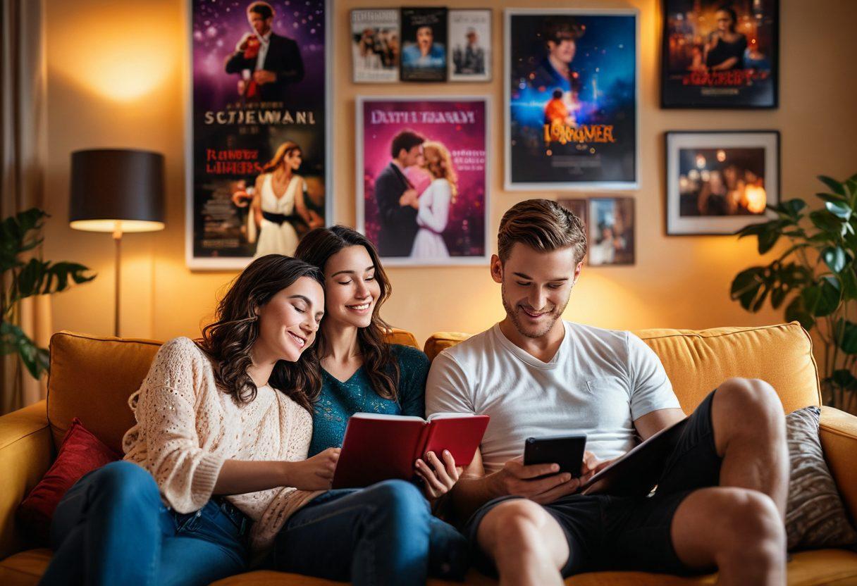 A couple sitting together on a cozy couch, engaged in sharing files on their devices, surrounded by iconic romantic movie posters and vibrant streaming icons in the background. Soft lighting with heart-shaped bokeh effects, showcasing their joyful expressions and a feel of intimacy and connection. Illustrate a sense of adventure and modern romance. super-realistic. vibrant colors. soft focus.